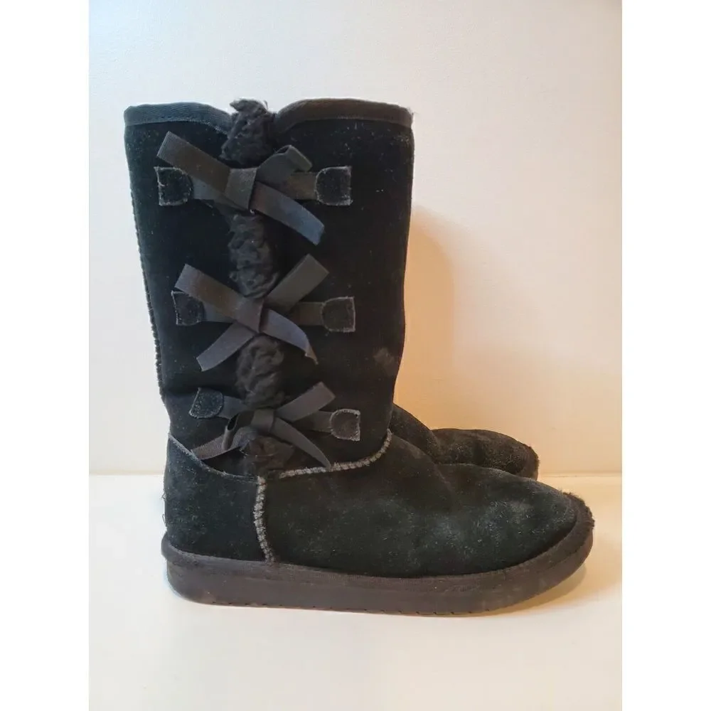 Koolaburra By Ugg Victoria Tall Boots Size 4 Youth Black Sheepskin Bows 1020171